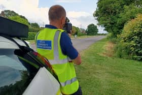 A police community support officer monitors speed on Eakring Road, Wellow. Picture: Nottinghamshire Police