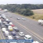 The M1 southbound has re-opend after a lorry overturned, but two lanes are now closed after a vehicle breakdown