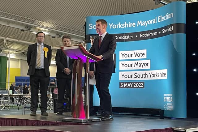 Newly elected mayor of South Yorkshire Oliver Coppard speaks after the result was announced