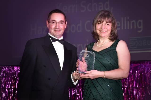 Business Woman of the Year 2022 winner, Kerri Schad from Hazelwood Counselling Services, with Simon Turner, managing director of award sponsors Edgewise Edgestrip Ltd.