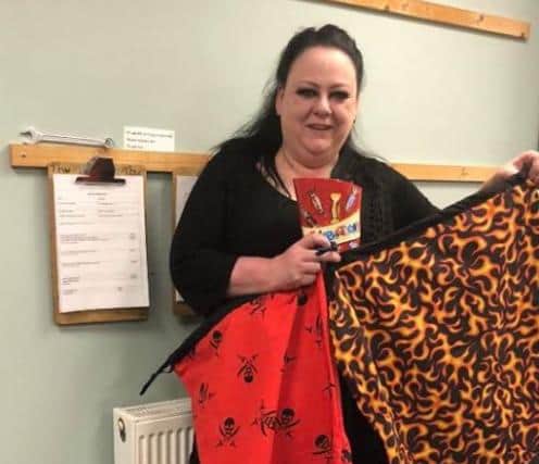 Kerry Burton, with some of the washing bags created by the Doncaster and Bassetlaw For the Love of Scrubs group