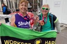 Harriers duo Sarah Cherry and Sally Bulmer at the London Marathon.