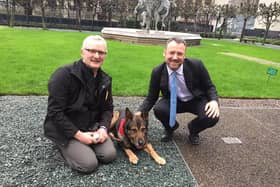 Brendan Clarke-Smith (right) with PC Dave Wardell and Finn the dog.