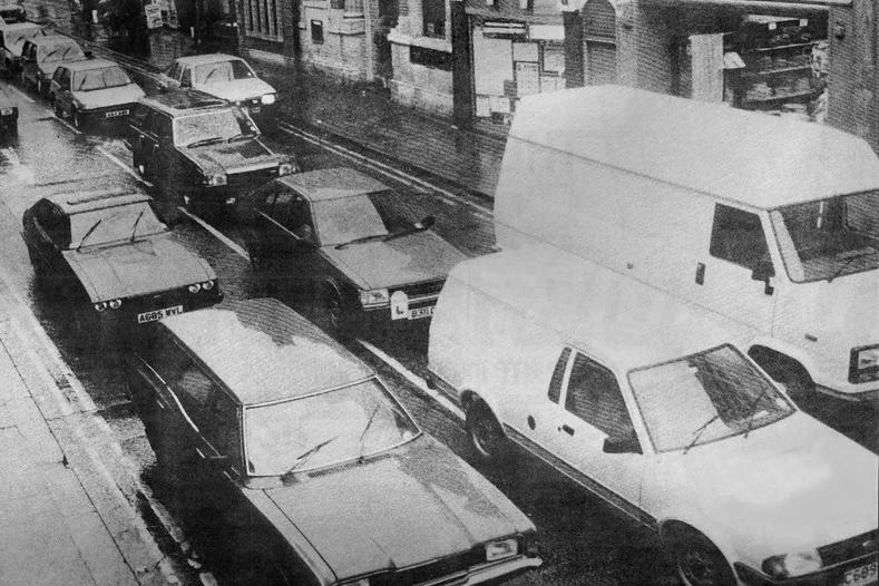 A busy Bridge Street, Worksop in 1986, which became pedestrianised in 1990, as part of a £6 million town centre facelift. The initial scheme was funded jointly by Nottinghamshire County Council and Bassetlaw District Council and won a nationwide competition for its design.