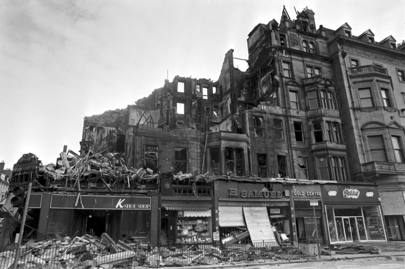 The Palace Hotel, at the corner of Princes Street and Frederick Street, is demolished after a fire in June 1991. A reward was offered to help catch the fire-raisers.