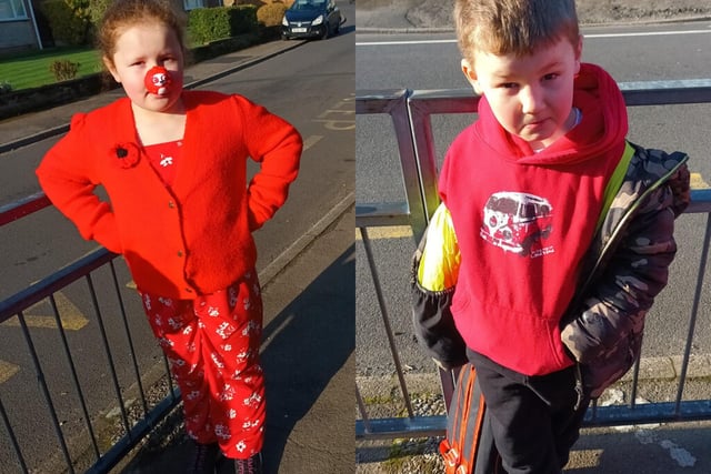 Siblings Sarah, nine, and Elliott Hodson, aged six dressed up in red as they raised money for Comic Relief at Woodsetts Primary School.