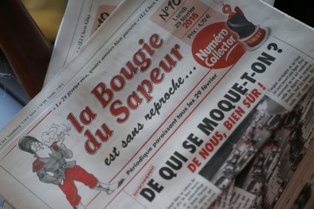 La Bougie du Sapeur is a French satirical newspaper launched in 1980 that is published only on Leap Day, making it the world's least frequently published newspaper. The tenth edition of the leap year publication "La Bougie du Sapeur", is photographed in Paris, on February 2016. This year marks the paper's 12th edition.