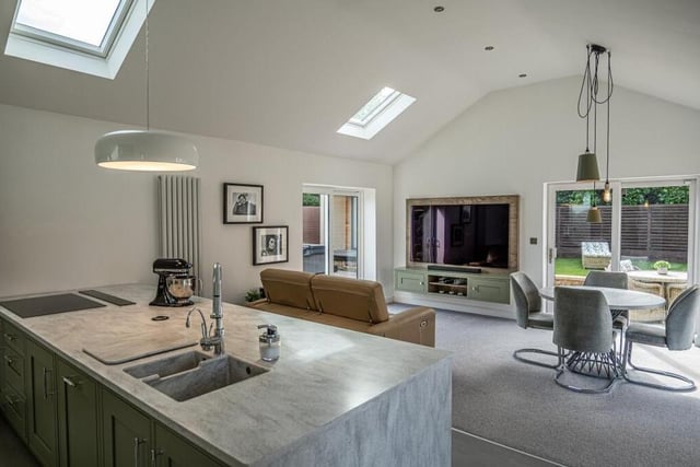The centrepiece of the Shireoaks bungalow is this open-plan area, which comprises kitchen, dining room and living space. It boasts a vaulted ceiling and bi-folding doors that give a light and airy feel.