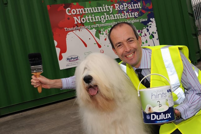 Dulux Paint and Nottinghamshire County Council launch Community RePaint Nottinghamshire. Councillor Richard Butler with Don the Dulux Dog  at Nottinghamshire Re-cycle Centre, Veolia, Shireoaks Road, Worksop in 2010