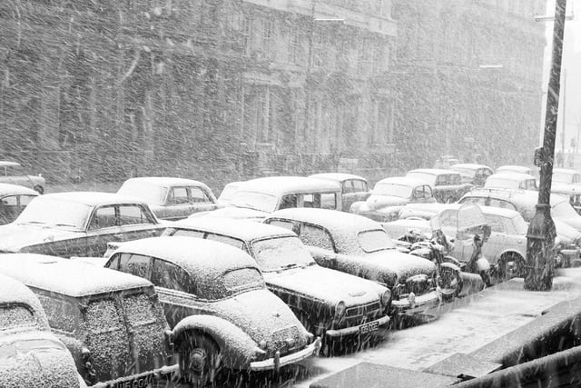 Easter blizzard in Glasgow - Snow covered cars in St Vincent Street 1963
