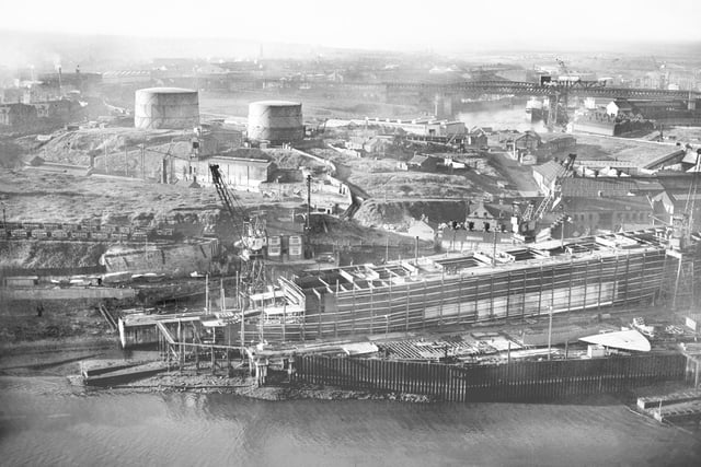 A view of the shipyard of Sir James Laing and Sons as well as the clearance areas of Deptford and the Southwick engine works of George Clark (Sunderland) Ltd in 1961.