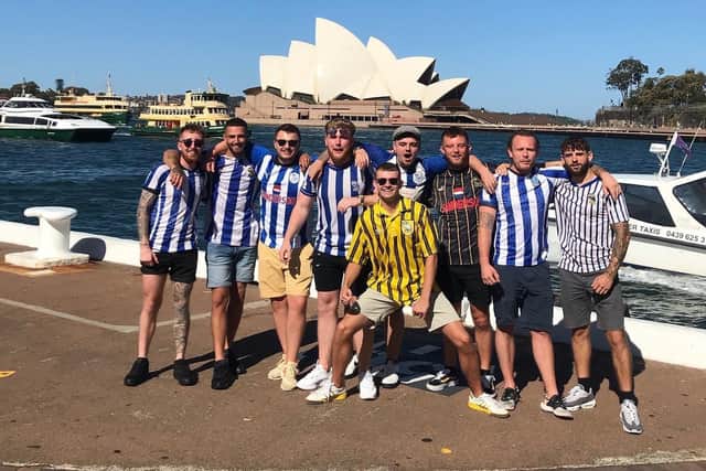Sam Fisher, also known as Sponge, with fellow Sheffield Wednesday fans in Australia
