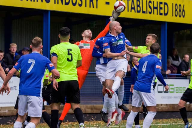 Worksop in Trophy action at Leek Town. Photo by Lewis Pickersgill.