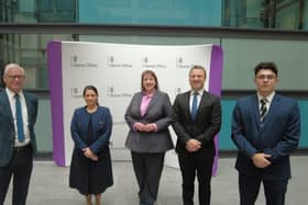 From left to right, county councillor Nigel Turner, Home Secretary Priti Patel, Nottinghamshire Police and Crime Commissioner Caroline Henry, Bassetlaw MP Brendan Clarke-Smith and county councillor Callum Bailey.