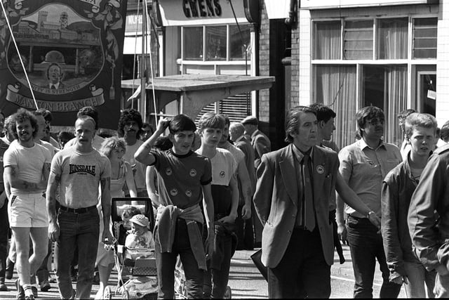 Miners and supporters marched through Worksop April 28, 1984. Pictured with the marchers is Dennis Skinner MP