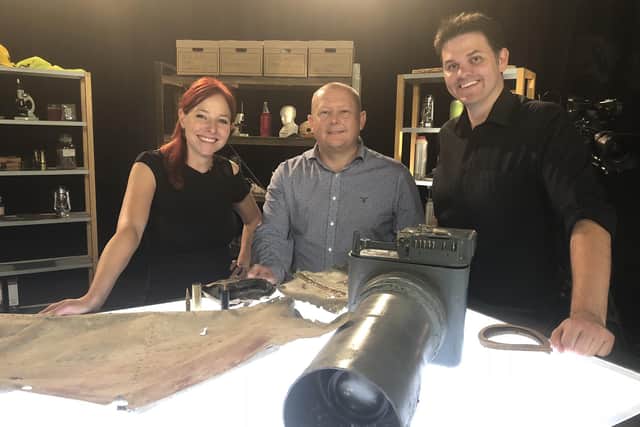 Spitfire AA810 Project leader Tony Hoskins (right) featured on BBC's Digging for Britain. Pictured with Dr Alice Roberts, and historian Mark Hillier.