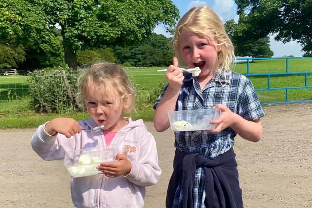 Zara Dickinson, 3, and Ava Dickinson, 6, try Cow Shack's product
