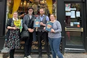 Helen Tamblyn-Saville and staff at Wonderland Bookshop in Retford, along with children's author and illustrator Rob Biddulph.
