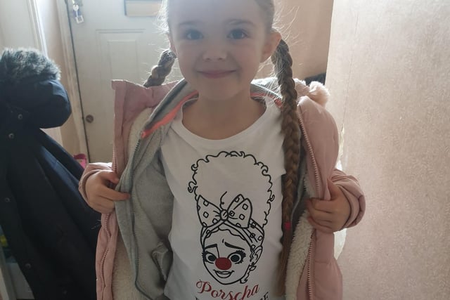 Porscha Whiteley, aged five, wore a pretty personalised top to help raise money for Comic Relief.