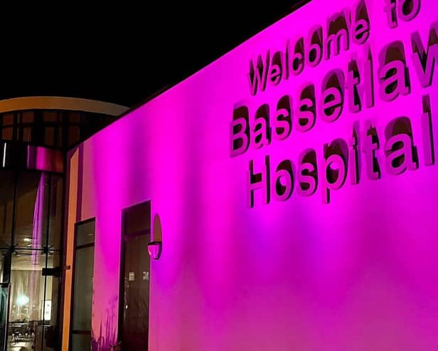 Bassetlaw Hospital was lit up pink in support of organ donation week. Photo: DBTH