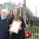 The presentation of the first-ever County President’s Commendation to Bill Bryan, by the county president of Nottinghamshire RBL Alex Peace Gadsby OBE DL.