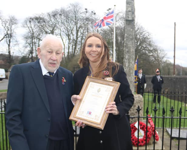 The presentation of the first-ever County President’s Commendation to Bill Bryan, by the county president of Nottinghamshire RBL Alex Peace Gadsby OBE DL.