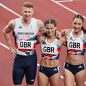 (From L) Britain's Cameron Chalmers, Zoey Clarke, Emily Diamond and Lee Thompson, pose after taking fourth place in the mixed 4x400m relay heats.