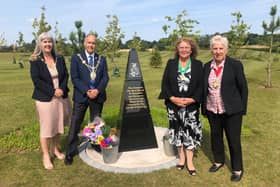 Cllr Tony Eaton and his wife Julie Eaton, with Vice Chair from Bassetlaw District Council Madelaine Robertson and Town Mayor of Retford cllr Carolyn Troop at the memorial