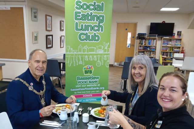 Mayor coun Tony Eaton, his wife Julie, and Vicky the Morrisons community champion were invited for lunch at the Lunch Club.