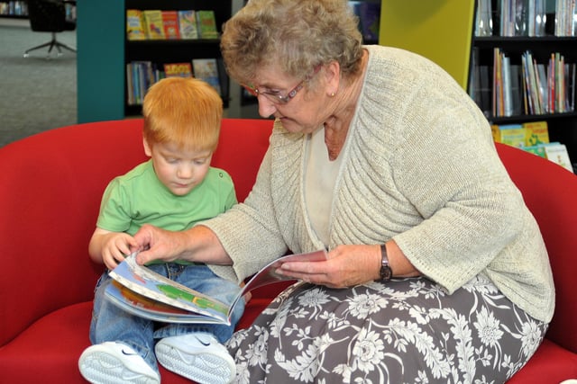 Mason Snowdon-Moore, two with Grandma Maureen Dimaline at Worksop Library in 2010