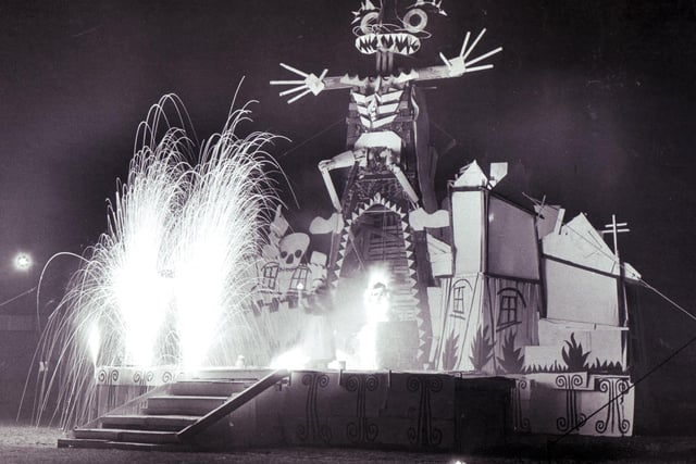 The giant Evil Wicker Man dominates this massive set piece of a bonfire night event at Hurlfield Campus, Sheffield on November 5, 1984