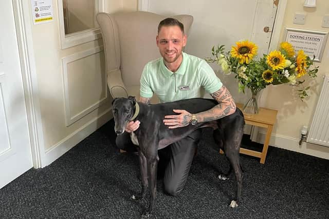New staff member Buster, and his owner, Callum Tingle, at Greenacres Grange Care Home, Worksop.
