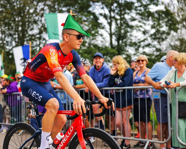 Stage 4: Sherwood Forest to Newark-on-Trent (166.6km) - Magnus Sheffield of Team INEOS Grenadiers before the start of Stage 4 of the 2023 Tour of Britain in Sherwood Forest wearing a Robin Hood hat.