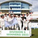 Nottinghamshire celebrate with the LV= Insurance County Championship Division Two trophy after winning the LV= Insurance County Championship match against Durham at Trent Bridge.