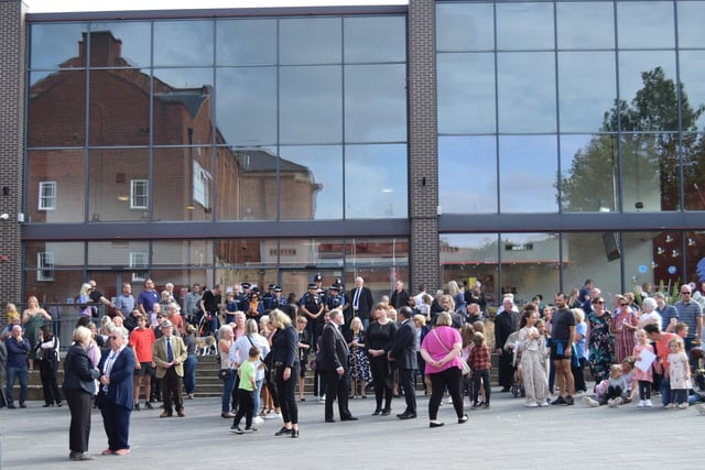 Crowds gathered on the old market square to witness a local ceremony to proclaim the accession of King Charles III.