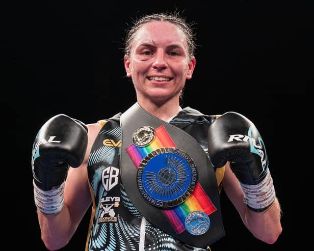 Nicola Hopewell with her Commonwealth belt. Photo by GBM Sports LJF Photography