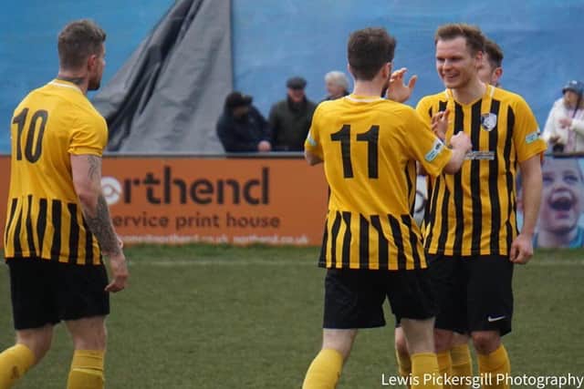 Worksop Town celebrate their equaliser. PHOTO: Lewis Pickersgill Photography