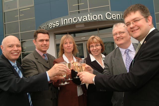 The Turbine, Shireoaks Triangle, Shireoaks, Worksop. This was the second anniversary of the business centre opening - business convention. Picture: L-R: Cllr Steve Carroll, Craig Edson (Alliance SSP), Gill Bird (The Turbine, admin officer), Cllr Sybil Fielding, Robert Wilkinson (Bassetlaw District Council), & Paul Mallatratt (The Turbine, Manager). 2006.