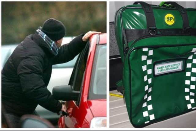 Stock picture of a thief breaking into a car and, right, the bag containing the defibrillator.