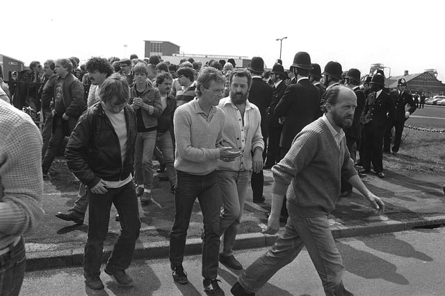 Pickets and police at Harworth Colliery in 1984.