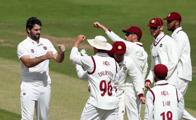 Brett Hutton celebrates the wicket of Kiran Carlson. (Photo by David Rogers/Getty Images)