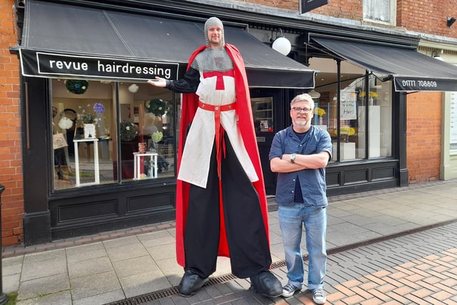 In advance of St George’s Day the stilt-walking knight of St George visited Retford Big Market Day