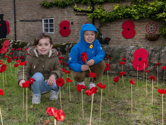 Pictured are Layla Martin, six and Bradley Martin, eight helping with the poppy display