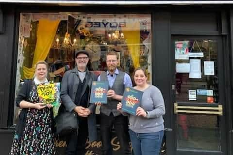Helen Tamblyn-Saville and staff at Wonderland Bookshop in Retford, with Rob Biddulph who attended for a signing.