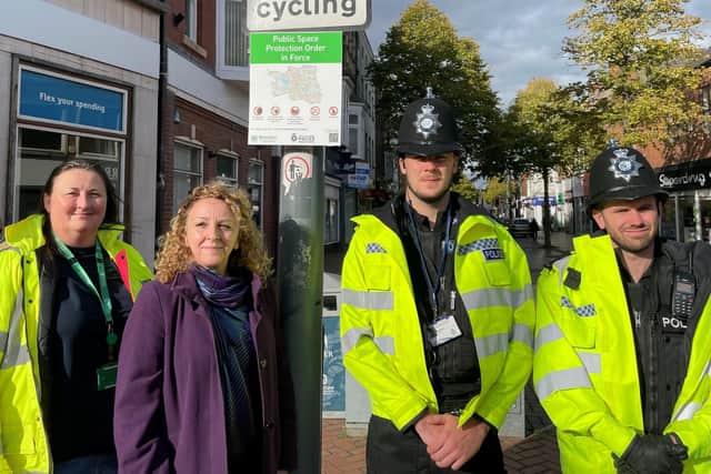 Pictured: Nikala Elliott-Carter, community safety and safeguarding manager at Bassetlaw District Council, Councillor Julie Leigh, cabinet member for neighbourhoods, and Worksop town centre beat managers PC Eoin Wilson and PC George Long.