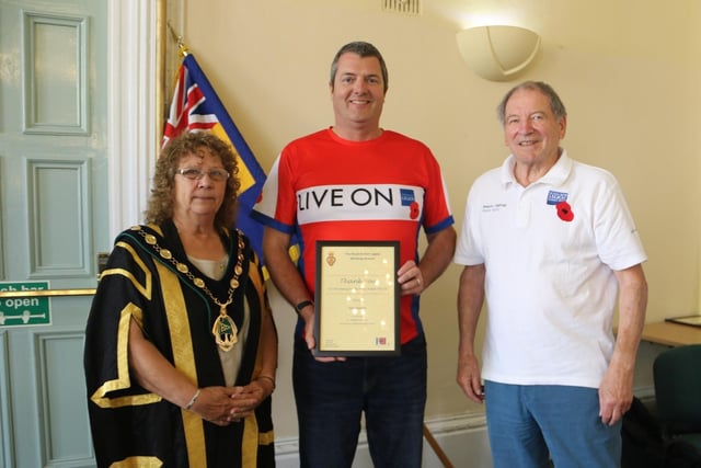 David Singleton pictured with council chairman Madelaine Richardson, and David Scott, chair of Worksop RBL branch.