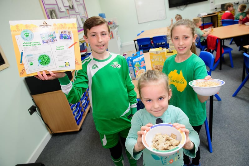Children from Ordsall Primary School take part in Lidl's Big Breakfast.  Supermarket chain Lidl sold packs of breakfast cereal with money going to the NSPCC in 2018.