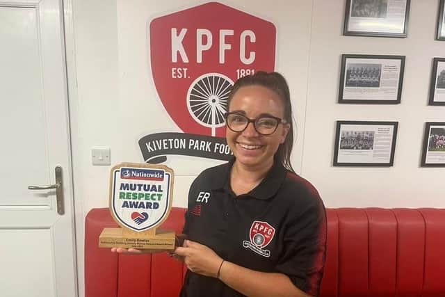 Emily from Kiveton near Sheffield receives a trophy, the accolade of being the Nationwide Mutual Respect Award winner and also winning tickets to a forthcoming England game.