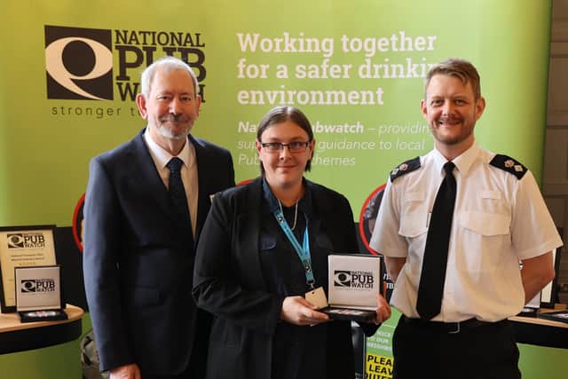 Left to right: National Pubwatch chair Steve Baker OBE, Beth Burns manager of The Queens Hotel in Maltby and chair of Maltby Pubwatch and South Yorkshire Police Chief Superintendent Ian Proffitt