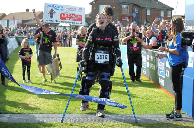 Claire Lomas after crossing the finishing line of the Great North Run, five days after starting the race.